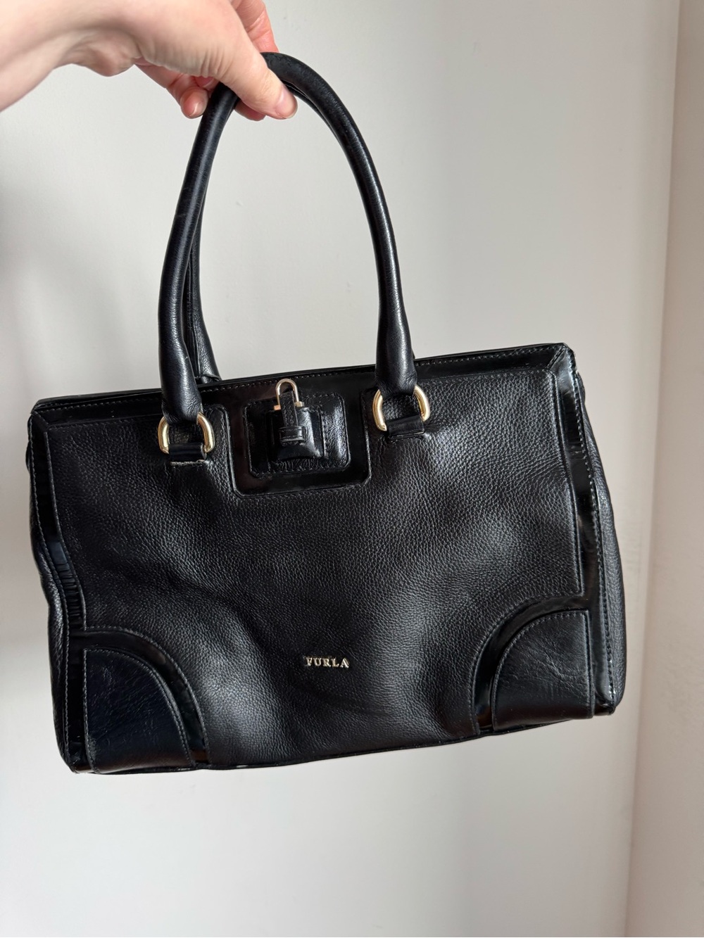 Furla Black Leather Tote Bag Gold Hardware Structured Satchel Purse - Picture 3 of 15